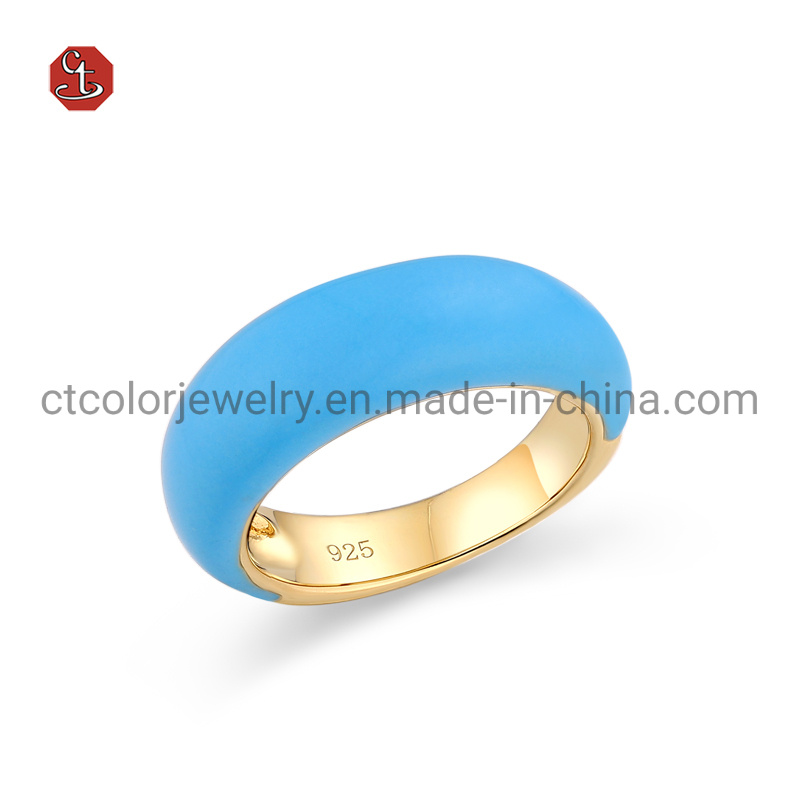 Simple 14 Gold Plated Jewelry, Sterling Silver Blue Color Enamel Ring