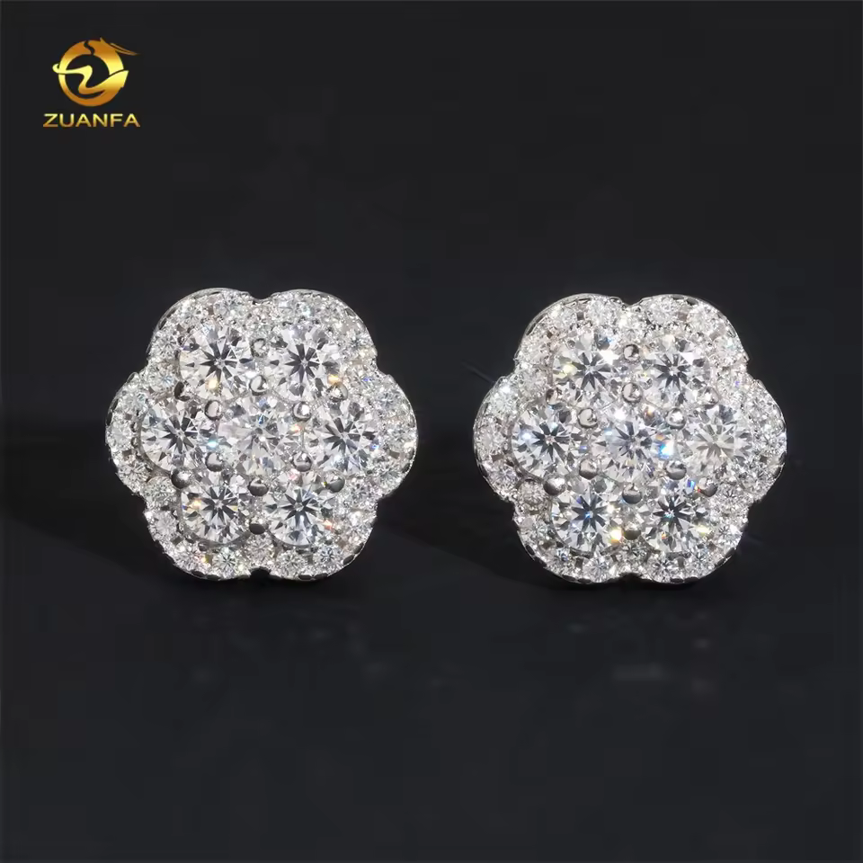 Hot Sale High Quality Cheap Price Hip Hop Style Iced Out 925 Silver Flower Cluster Men Moissanite Earrings