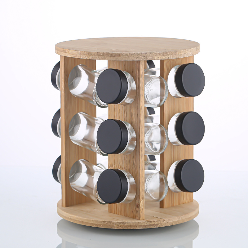 12 Pieces Soda Lime Glass Spice Bottles Set with Black Caps and Wooden Rotary Rack for Kitchen Countertop Organization