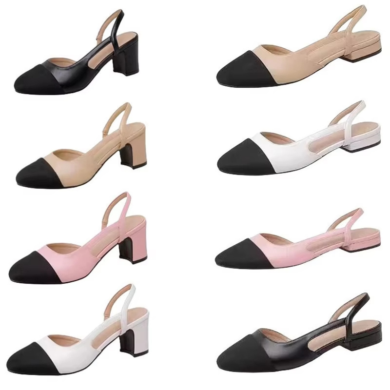 Fashion Retro Low Heel Flat Sandal Square Ladies Work Branded Shoes Hoof Heels PU Outsole Pumps Black and Beige Big Size 34-44