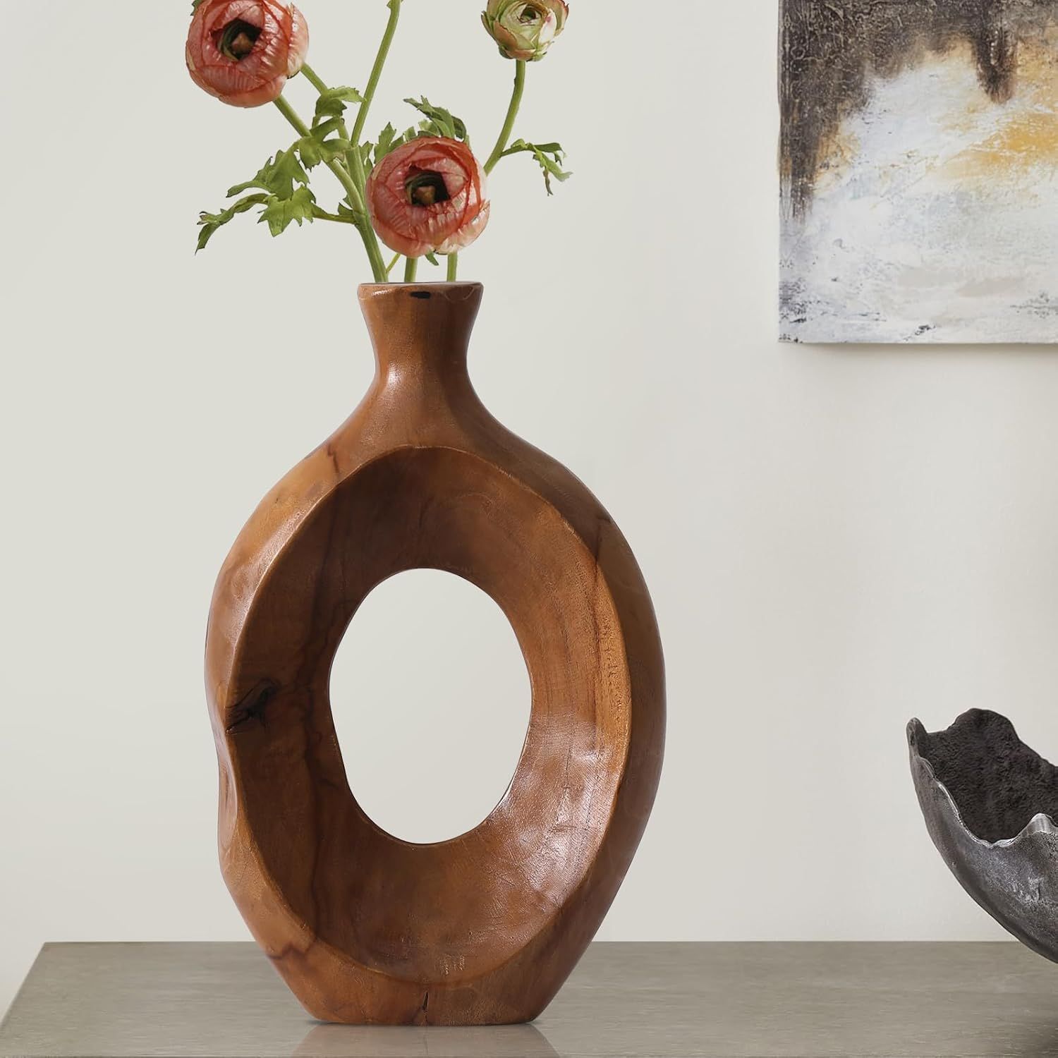 11.6" Handmade Wooden Vase with Oval Cut-out Designartisan
