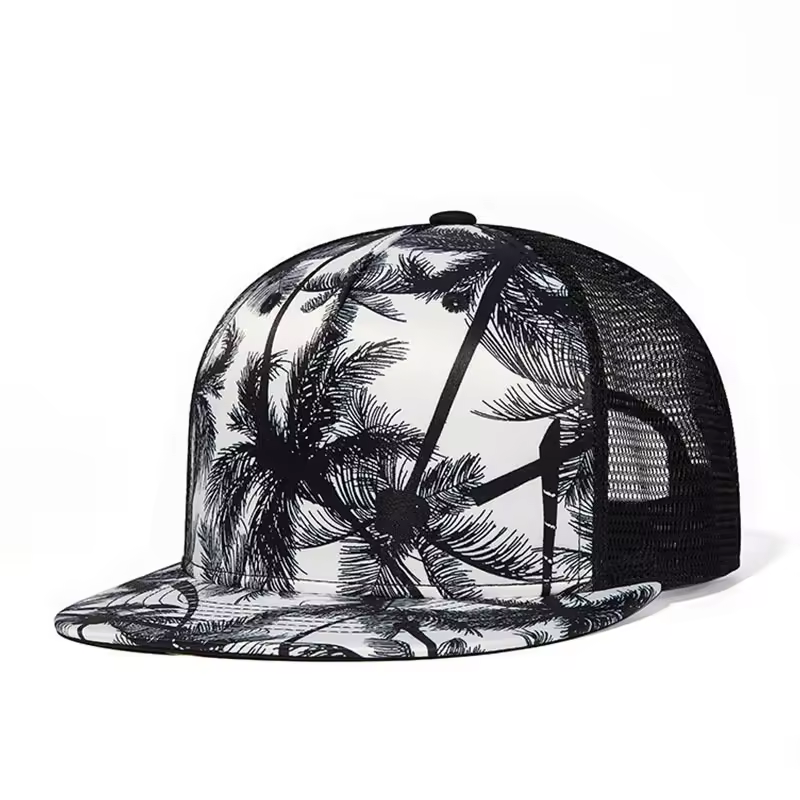 European American Export Unisex Mesh Baseball Cap Wide Brim Flat Brim Sunshade Wholesale Travel Cap With Coconut Tree Design