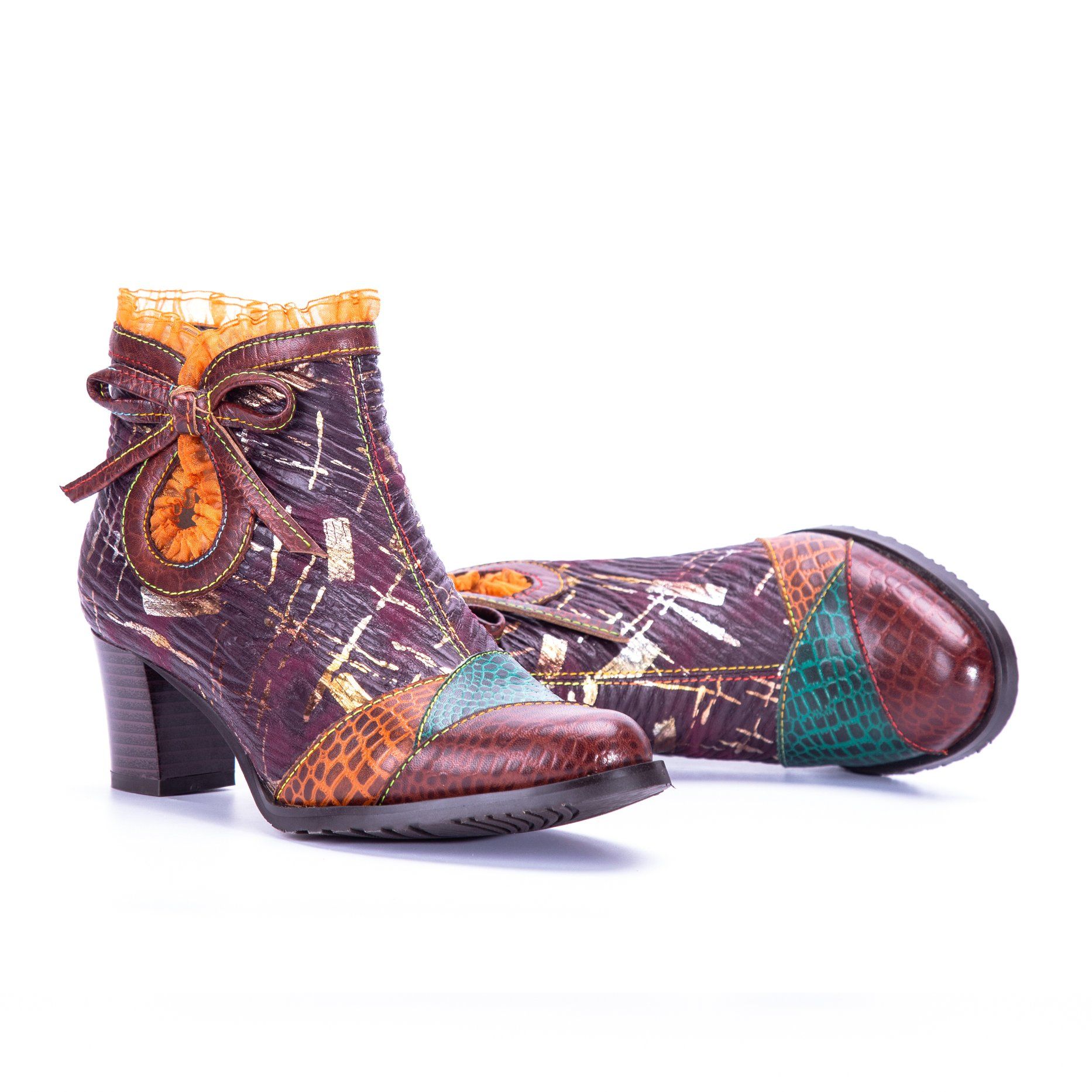 Hot Sale Embossing Leather Shoes with Bow Ethnic High Heel Boots