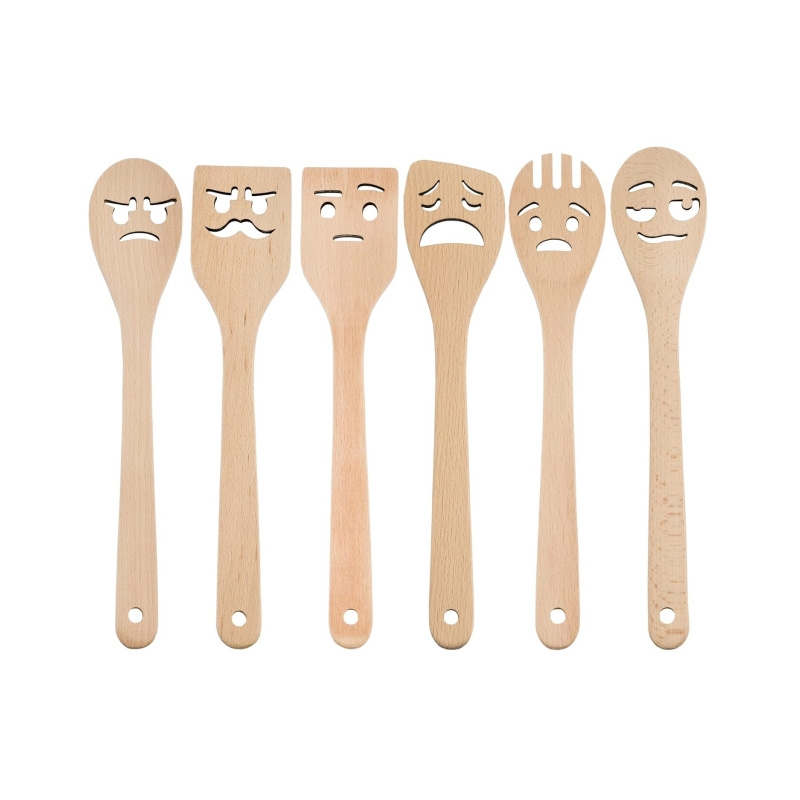 Funny Face Wooden Spoons; Smiley Face Emotional and Silly Kitchen Cooking Utensil Set