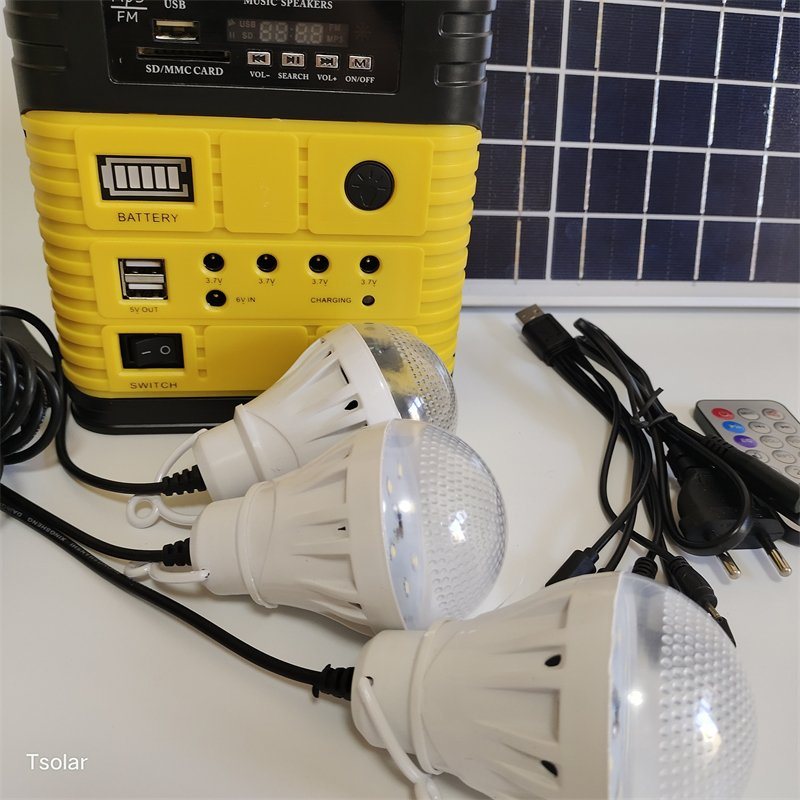 China Manufacturers Product Portable Home Emergency Lighting Solar Energy Kit with Radio and Bulb with Remote Control