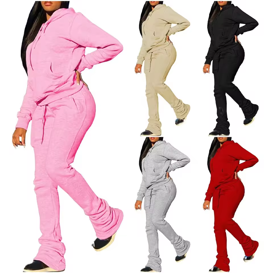 Hot Selling Athleisure Tracksuit For Women`s Oversized Hoodie & Stacked Pants Co-ord Set Causal Street Style Outfit