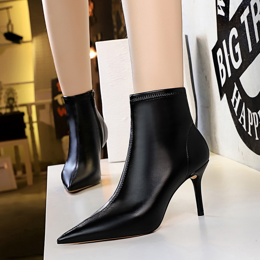 Lady Shoes Sexy Fashion Ankle High Heels Elastic Boot PU Leather Women Boots Comfort Shoes