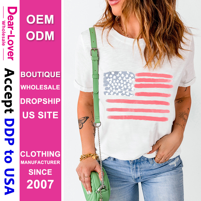 Dear-Lover Wholesale DDP Air Shipping Import Tariffs Included White American Flag Pattern Crew Neck Short Sleeve Graphic Tee