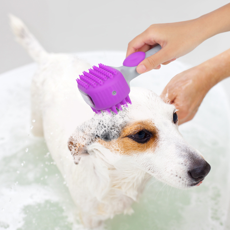 2 in 1 Soft Pet Cleaning Shampoo Dispenser Massage Wash Shower Hair Remover Deshedding Grooming Dog Brush