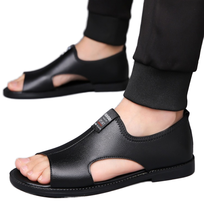 Men's Summer Breathable Flat Leather Sandals Casual Soft Rubber Insole Anti-Slip Light Weight Print Upper Beach Shoes for Men