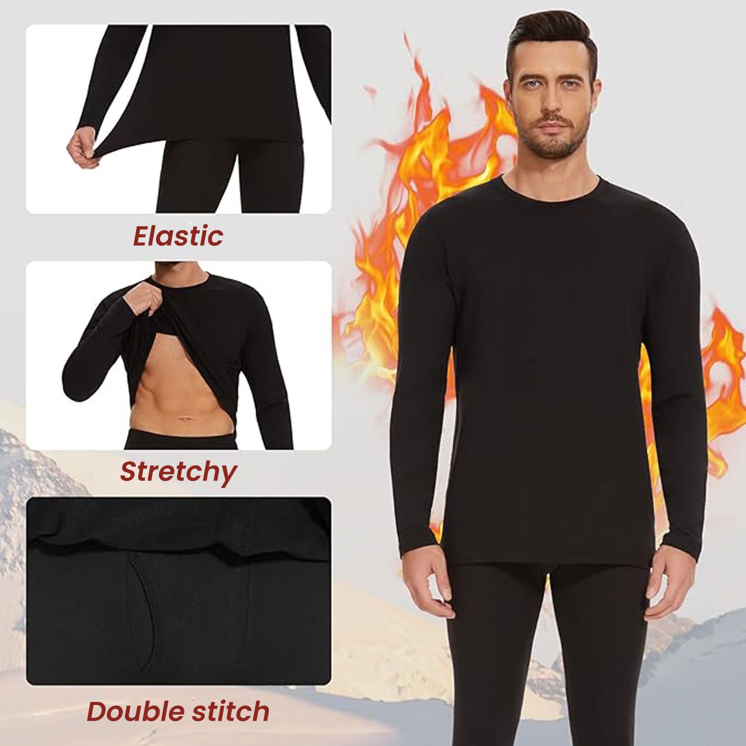 Men's Fleece-Lined Thermal Base Layer Set, Lightweight and Medium-Thickness Thermal Underwear, Sporty Long Johns (top and bottom)