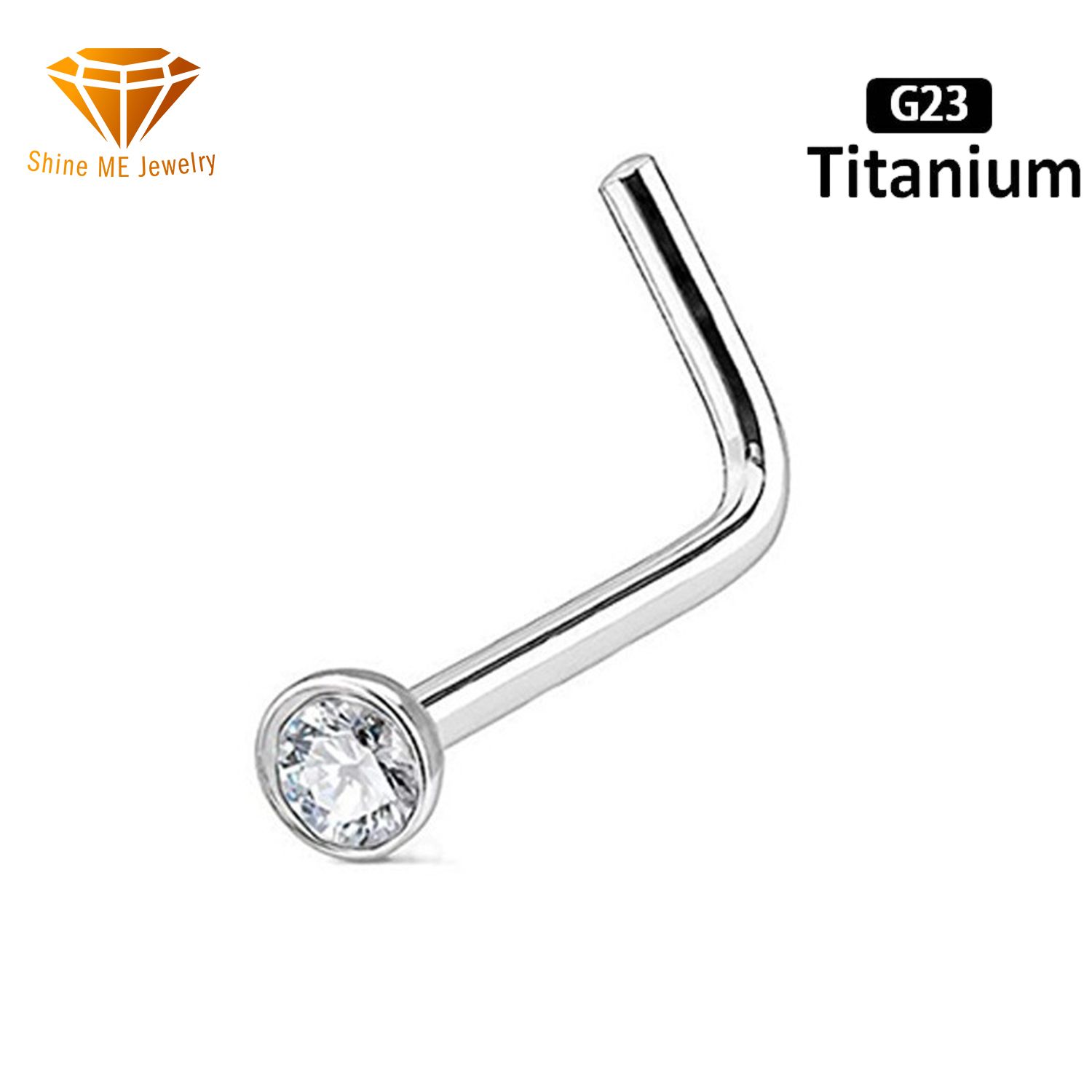 High Quality G23 Titanium Hot Selling L Shape CZ Nose Nails F136 Titanium Body Piercing Nose Jewelry Tp1945CZ