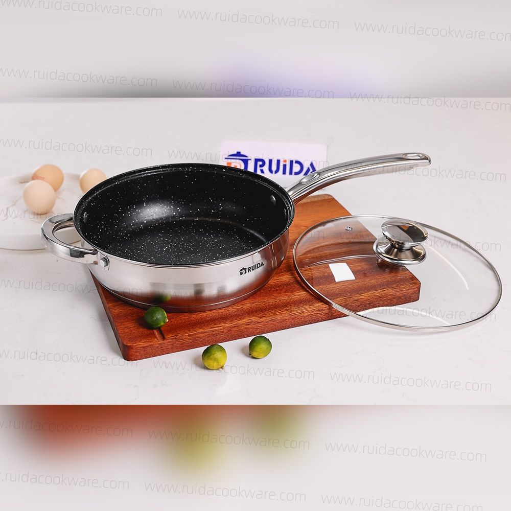 Top Quality 2PCS Glass Lid Granite Coating Stainless Steel Frying Pan