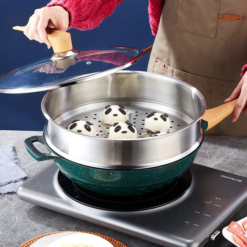 Household Chinese Steamer Pan General Use Induction Aluminum Non Stick Cooking Pots and Pans Nonstick Wok Pan with Steamer Rack