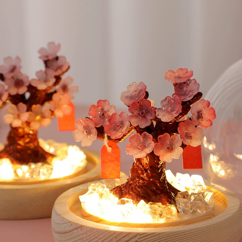 Creative DIY Handmade LED Flower Lamp Battery Powered Wood Base Night Light Artificial Cherry Blossom Luminous Wishing Tree