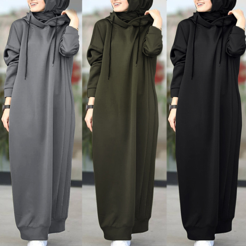 Private Label Soft Big Plus Size Muslim Oversized Casual Cotton Maxi Women Long Hoodie Dress for Women Hoodie Wholesale