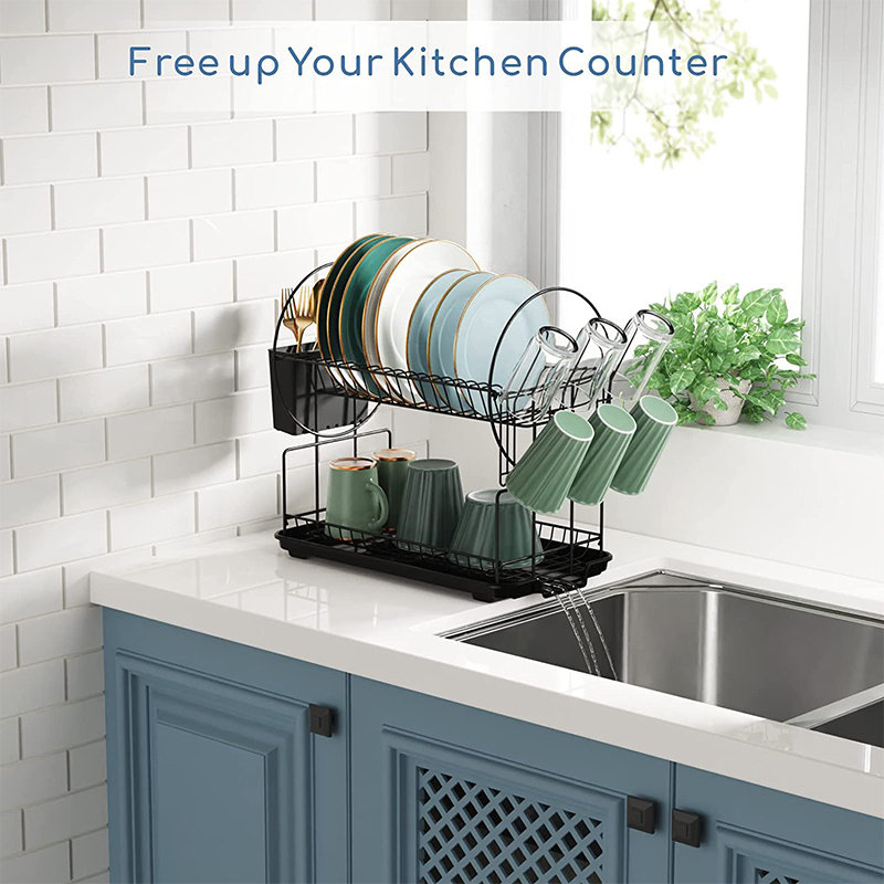 2-Tier Metal Dish Drainer Rack Small Dish Bowl Rack for Kitchen Storage with Utensil Holder