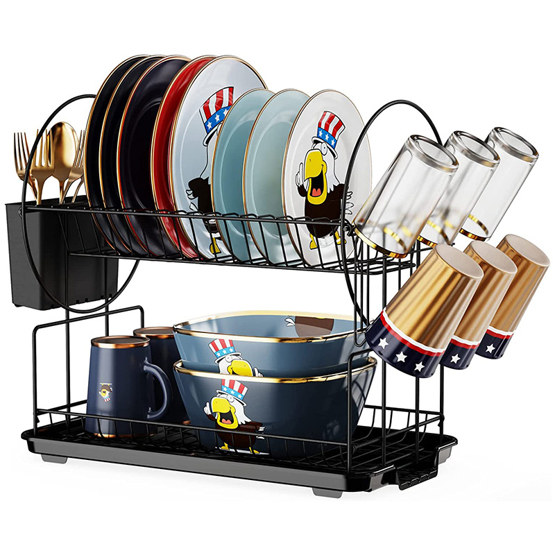 Rust-Resistant Metal Kitchen Dish Drying Rack Storage Organizer 2 Tier Countertop Dish Drainer with Cup Holder Drip Tray