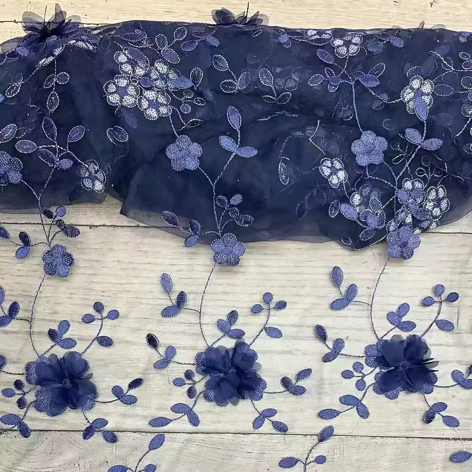 2025 Blue Color 3d Flower Applique Lace Fabric 5 Yards High Quality Embroidery Beads French Lace Fabric For Wedding