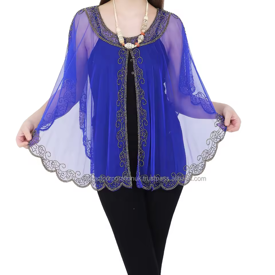 Women's High Quality Long Beach Party Wedding Swim Wear Sequin Embroidered Solid Pattern Poncho Shrug Tops Blouse-plus Size Bulk