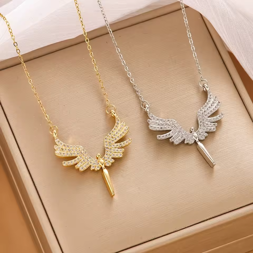Ready To Ship 18k Gold Plated Stainless Steel Angle Wings Necklace Jewelry Zircon Angel Wing Pendant Necklace For Women
