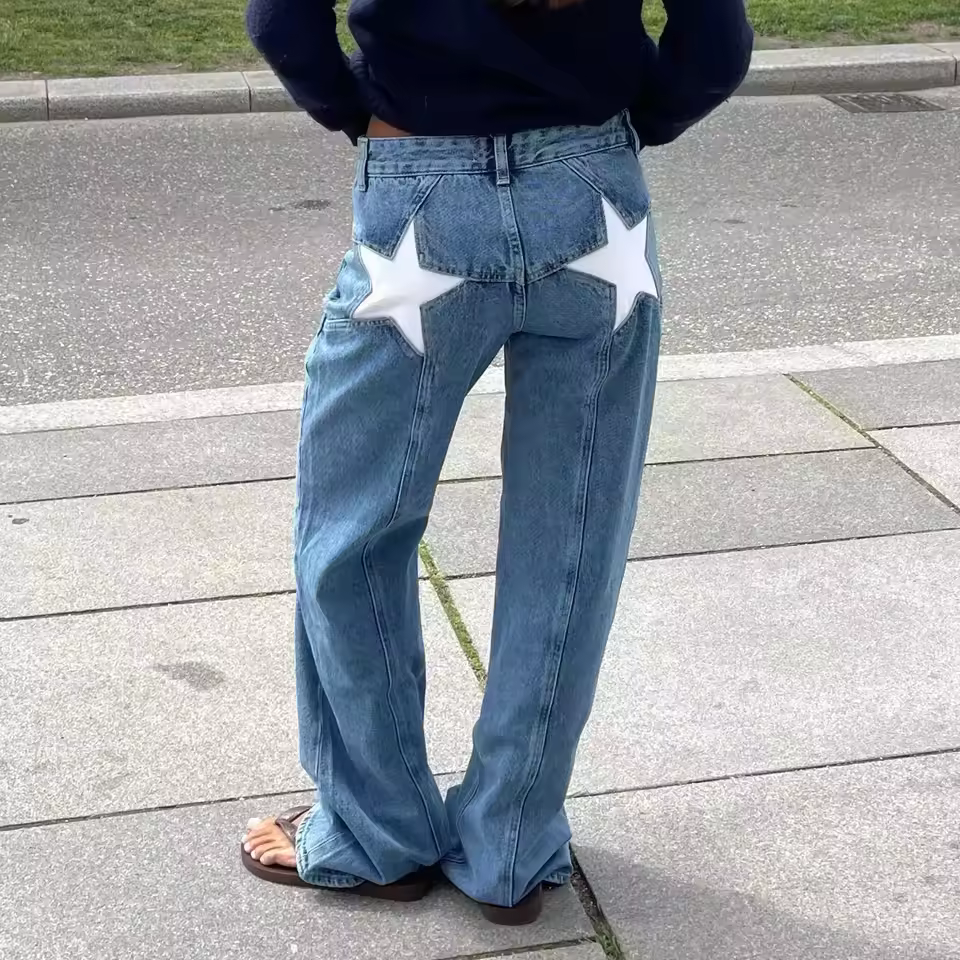 King Mcgreen Star Star Print Straight Leg Jeans Women Casual Pocket Zipper Low Waist Long Denim Pants New Lady Loose Bottom