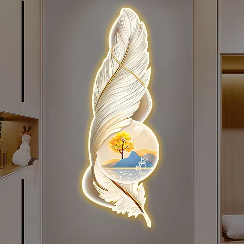 Factory Direct Uv Printing Acrylic Feather Wall Art With Led Lights Decorative Landscape For Bedroom Home Decoration For Hotels