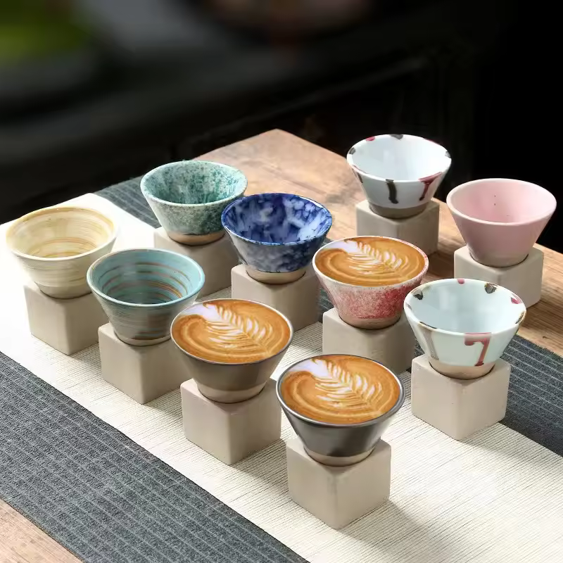 Factory Wholesale Japanese Coarse Pottery Vintage Espresso Coffee Cups 80ml Creative Funnel Shape Ceramic Cup With Base