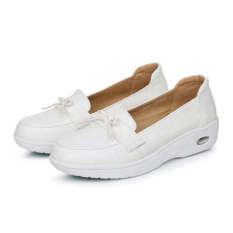Factory Wholesale Hot Selling Cow Full Grain Leather Women Comfortable White Anti-Slip Hospital Work Nurse Shoe