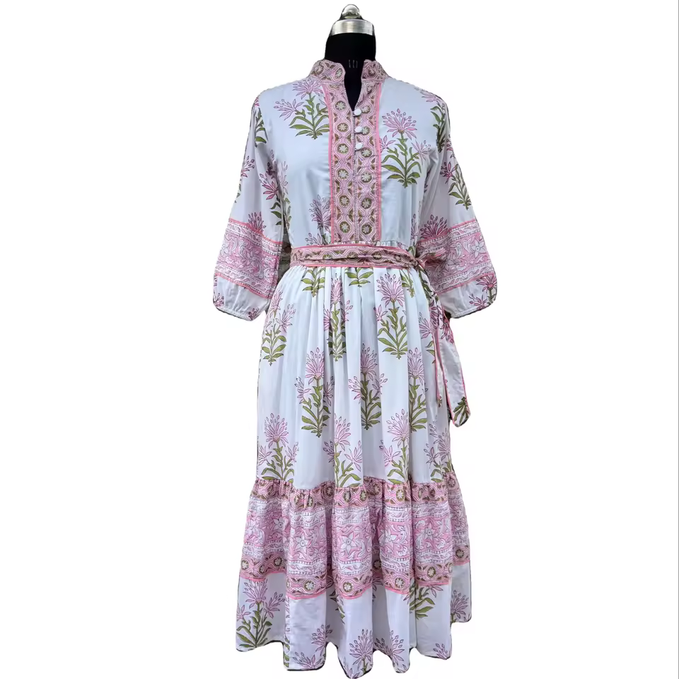 New Best Selling Handmade Indian Floral Hand Block Printed Pure Cotton Cloth Dress Women's Clothing Lightweight Summer Dress