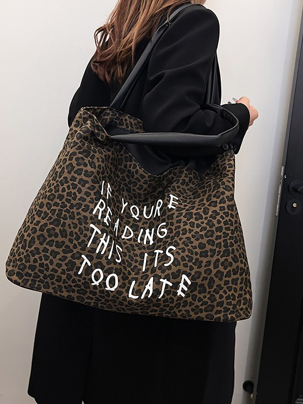 Fashionable Women's New Retro Leopard Print Canvas Bag Korean Version Letter Print Large Capacity Casual Tote Shoulder Bag
