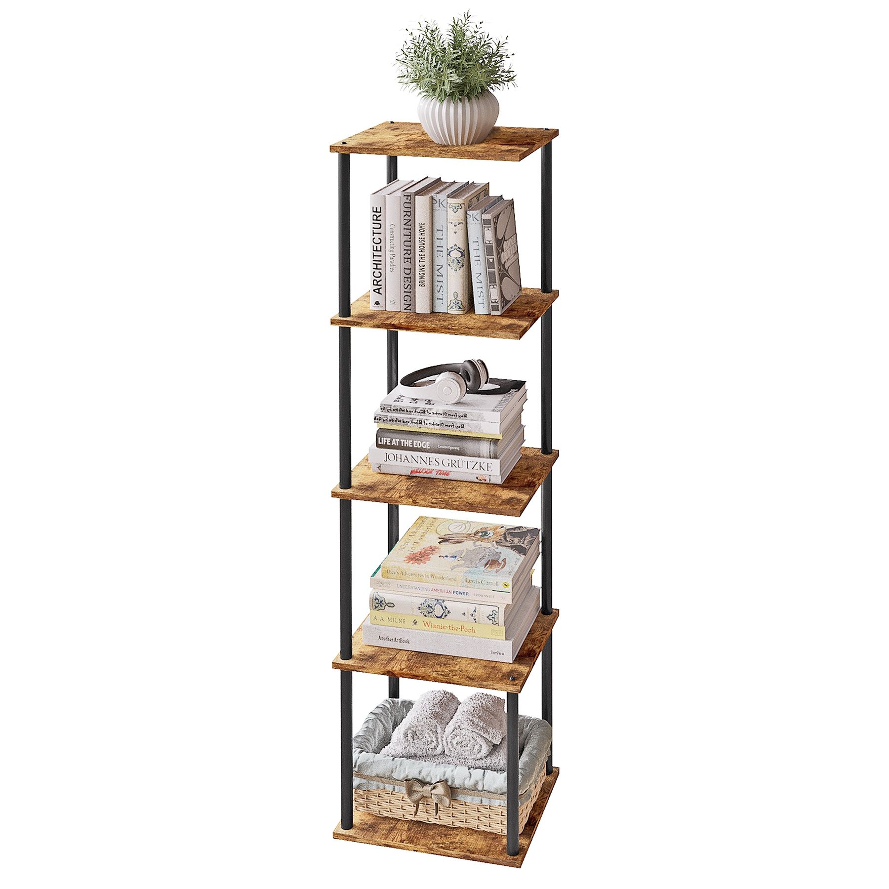 5 Tier Narrow Metal Wood Bookcase Display Shelf Corner Rack for Home Office Living Room