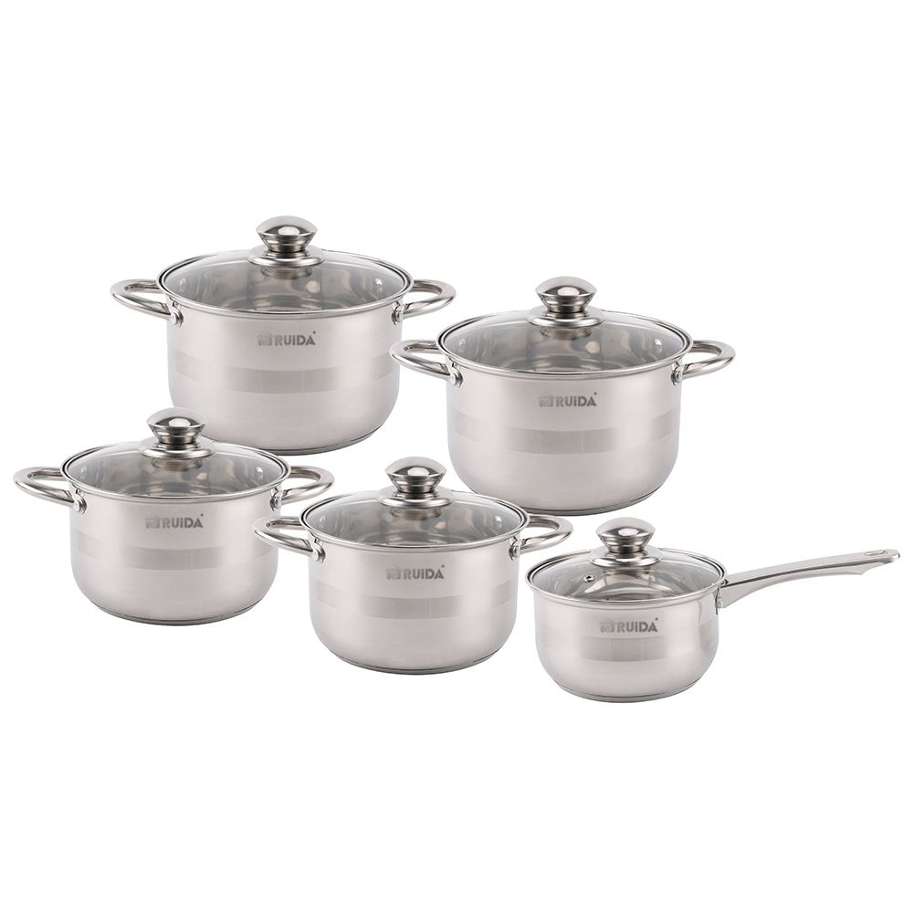 Kitchenware Mirror Polishing 10PCS Glass Lid Stainless Steel Cookware Set