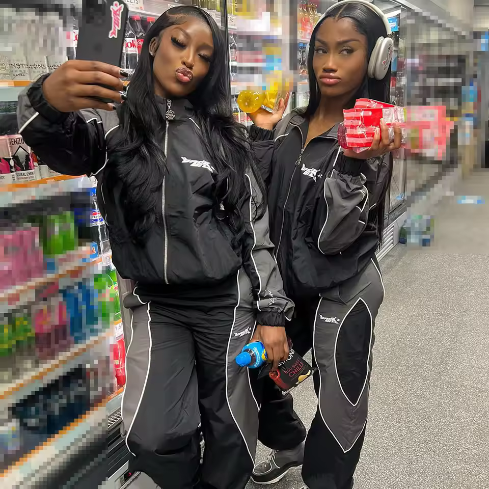 Dcy 2025 Trending Product Side Stripe Custom Reflective Tracksuit,Black Nylon Tracksuit,Double Zip Tracksuit