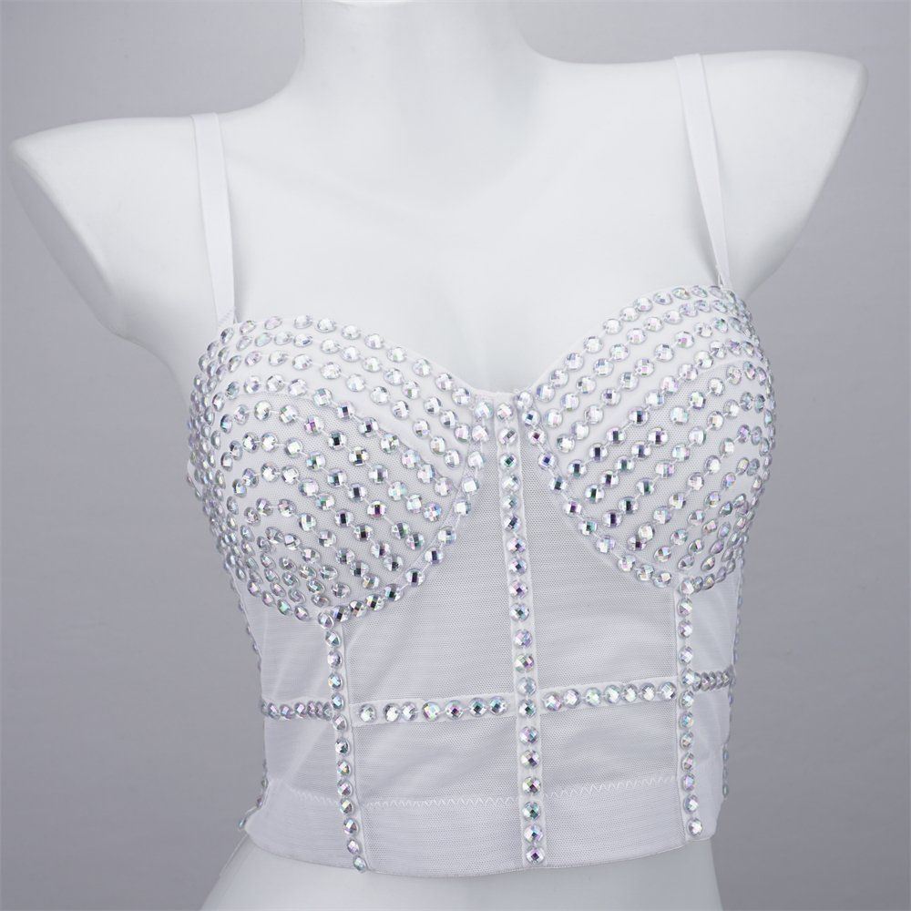 Wholesale Ab Small Round Beads Mesh High Quality Bustier Stage Performance Halter Crop Top