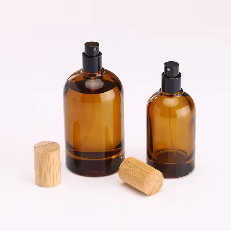 30ml 50ml 100ml Empty Amber Glass Crimp Sprayer Perfume Bottles Bamboo Lids Screen Printing Surface Pump Sprayer Sealing Type