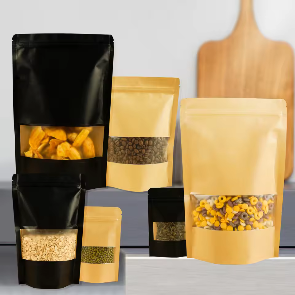 Resealable Doypack Pouches Plastic Food Packaging Stand Up Pouches Bag Kraft Paper Self Standing Zipper Bag