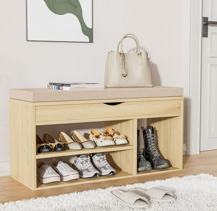 Shoe Bench with Flip Top Storage Space, 2-Tier Shoe Rack Organizer, Natural