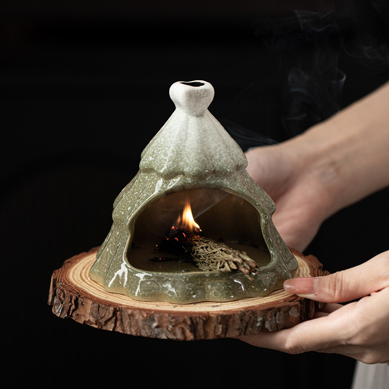 Handmade Sacred Wood Grass Ceramic Incense Burner Small Fireplace Burning Stove Tray Living Room Tea Table Diffuser