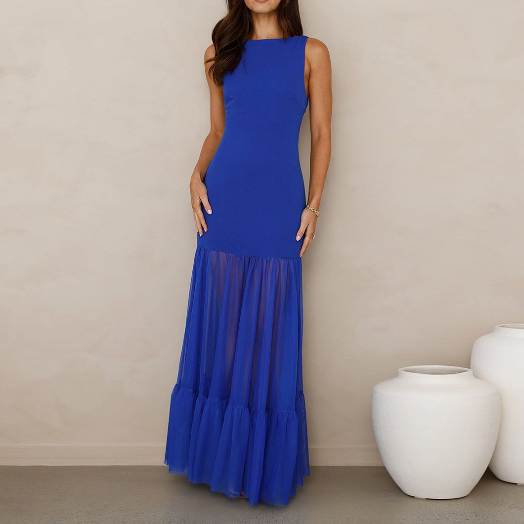 Summer Sleeveless Imitation Linen Splicing Mesh Dress Patchwork High-Waisted Sheer Backless Dress Elegant Party Dresses