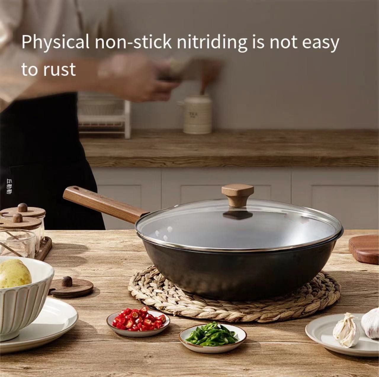 32cm Easy Handle Chinese Cooking Iron Pan Gas Cooker Fry Pan Iron Nonstick Kitchen Wok