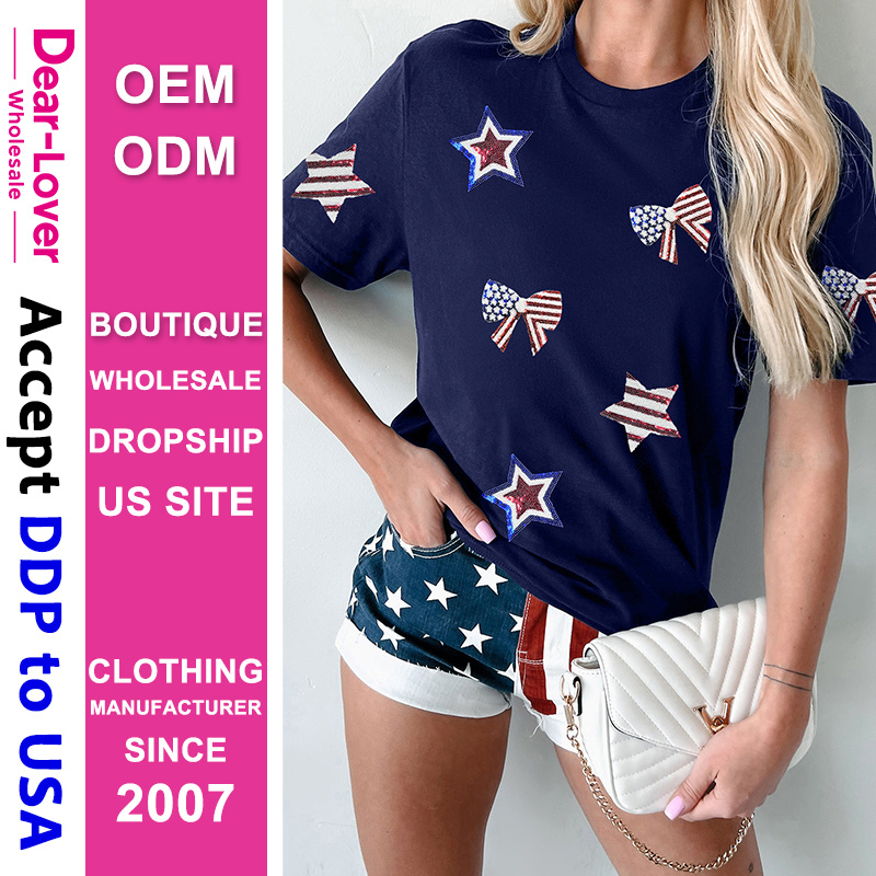 Dear-Lover Wholesale Dropshipping Boutique Clothing Women Manufacturers Sequin USA Flag Bow Star Graphic Crewneck T Shirt