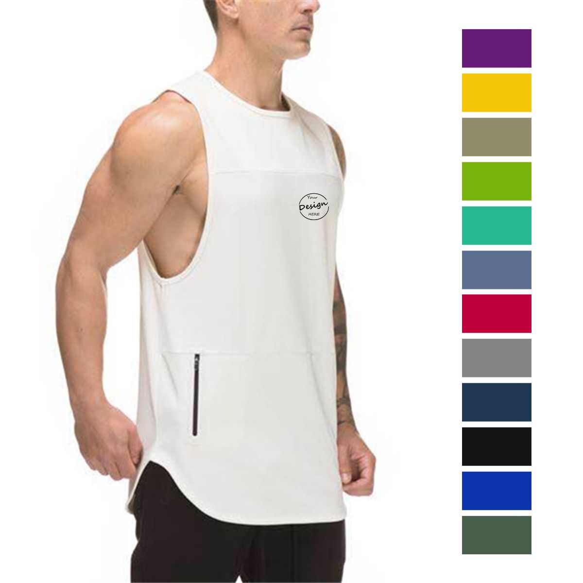 OEM China Manufacturer High Quality Sleeveless Tshirt Mens Tank Top Fitness Plus Size Men's Tank Tops with Zipper Pocket