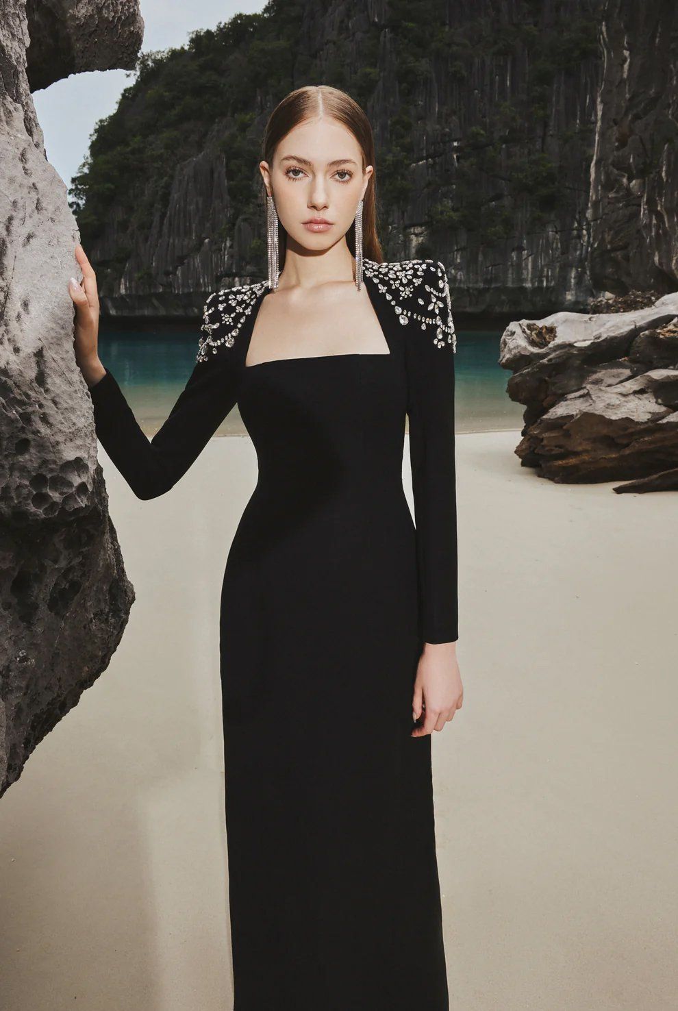 Square Neck Maxi Long Slim Evening Bandage Party Dress with Beading