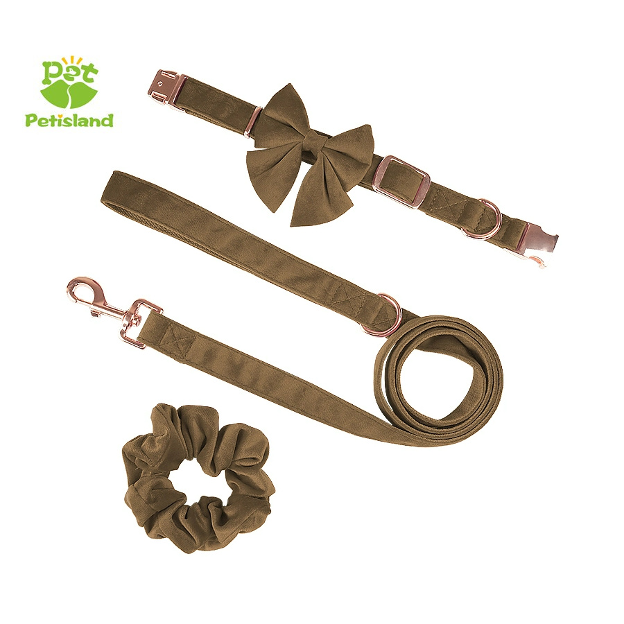 Velvet Woolen Dog Cotton Webbing Collar Bow Tie Three in One Dog Lead Leash Set