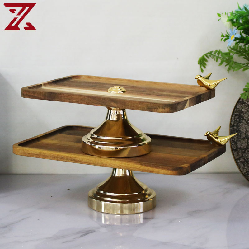 Latest Design Wooden Tray with Metal Stand Walnut Wood Serving Tray Set
