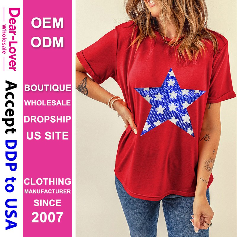 Dear-Lover Wholesale DDP Air Shipping Import Tariffs Included Red Sequin Star Graphic Crewneck Graphic T Shirt