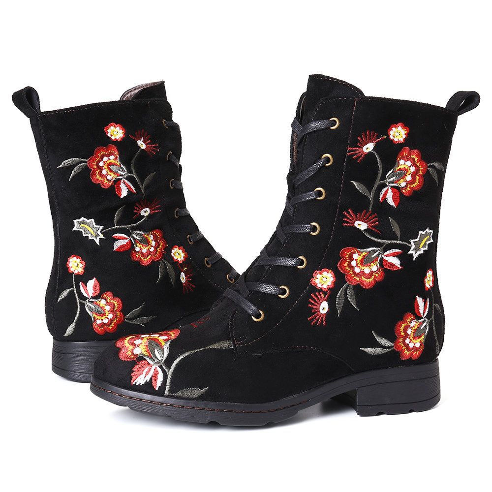 Bohemian Style Genuine Leather Shoes Exotic Floral Pattern Short Boots