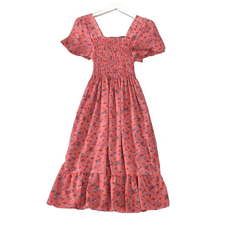 Women Elegant Floral Print Elastic Waist Square Neck Short Sleeve Korean Dresses Women Casual Vintage Dress