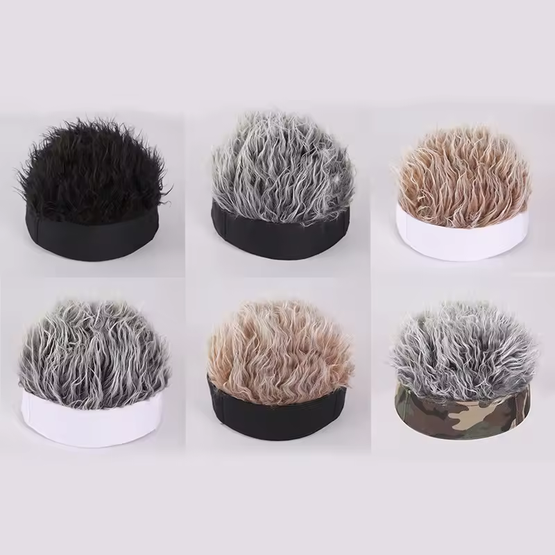 Q101038 Funny Wig Hat Adult Adjustable Skullcap Flair Hair Visor Vintage Cap With Fake Spiked Hair Novelty Fashion Beanie Hats